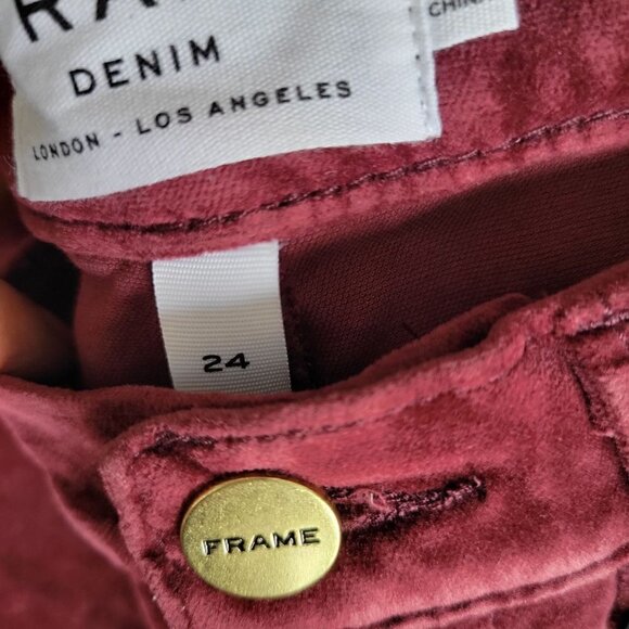 FRAME Five Pocket High Rise Solid Stretch Velvet Skinny Pants Burgundy | 24 - Picture 3 of 8